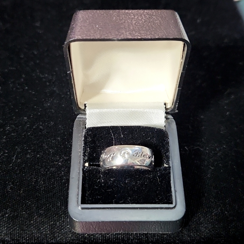 Silvertone 1/4 Inch Band w/CZ Stone,Paw Prints, & "Dog Blessed"